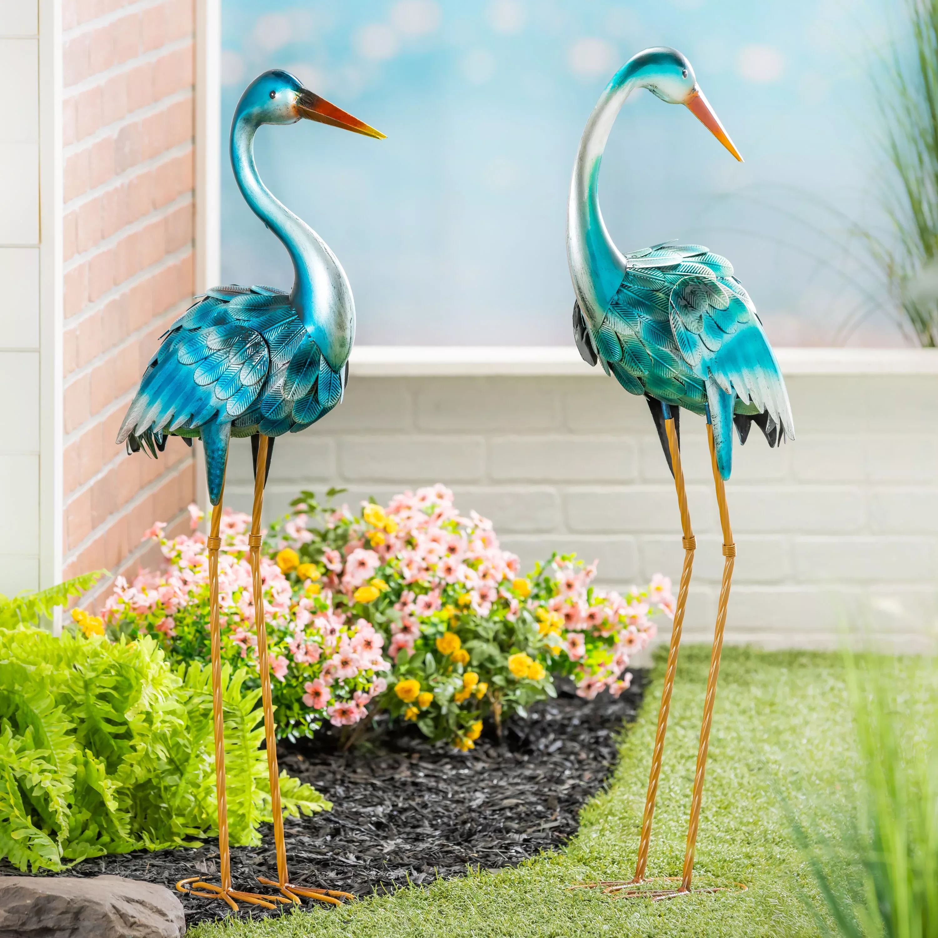 35" Metal Blue Heron Pair
