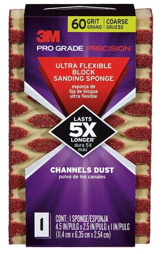 3M 2500PGP-60C-UF Pro Grade Precision Ultra Flexible Block Sanding Sponge, 60-Grit,