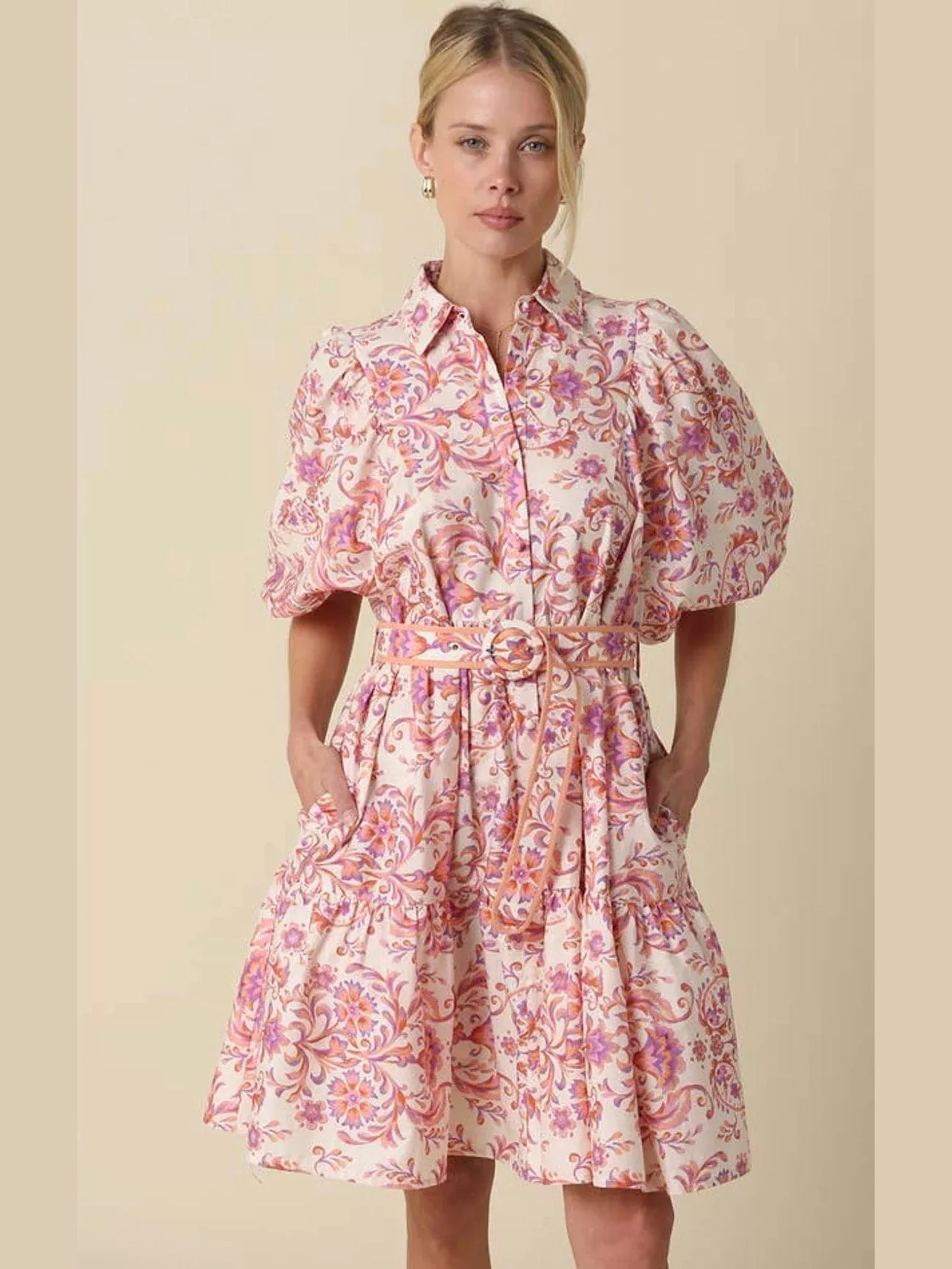 Apricot Puff Sleeve Dress