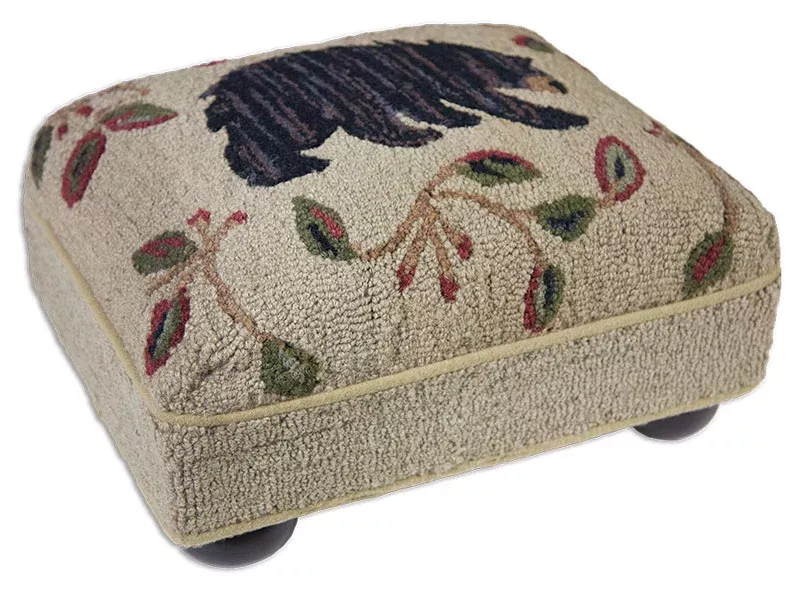Black Bear Hand-Hooked Wool Footstool