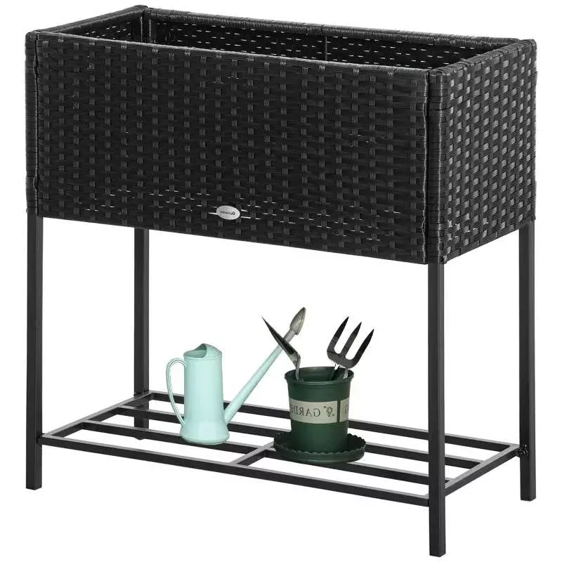 Black Modern PE Rattan Wicker Raised Garden Bed Elevated Planter Box