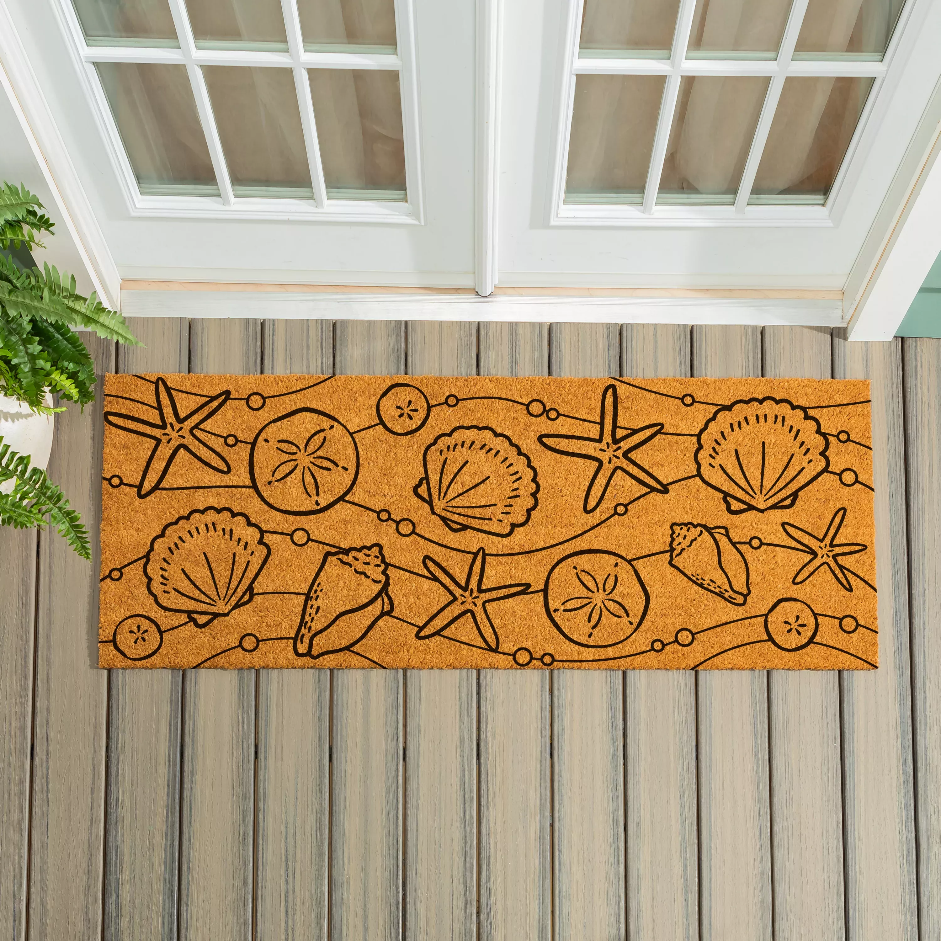Blue Coastal Shells Coir Mat, Sea Illustration, 60"x24"