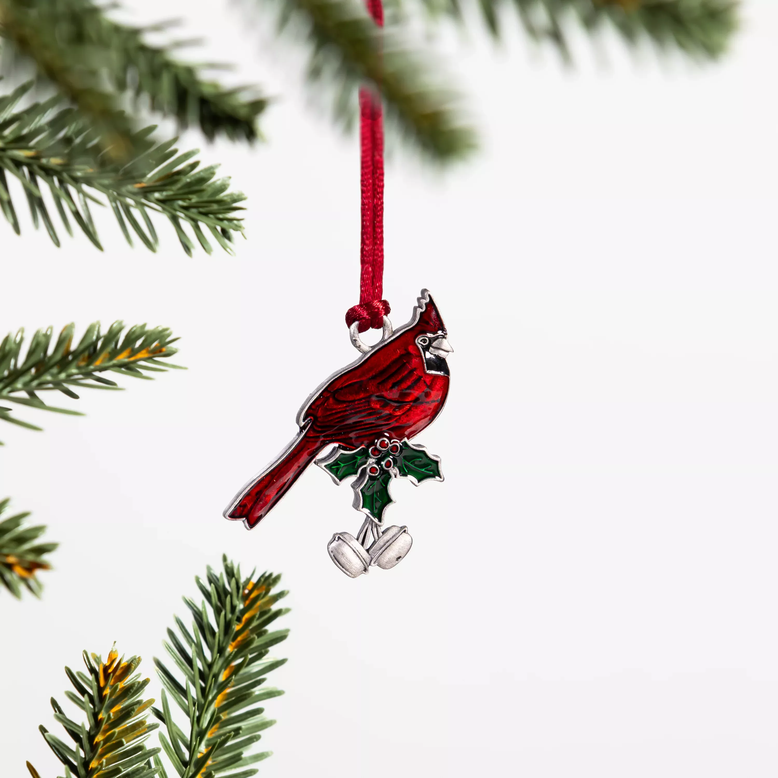 Cardinal with Holiday Bells Solid Pewter Christmas Ornament