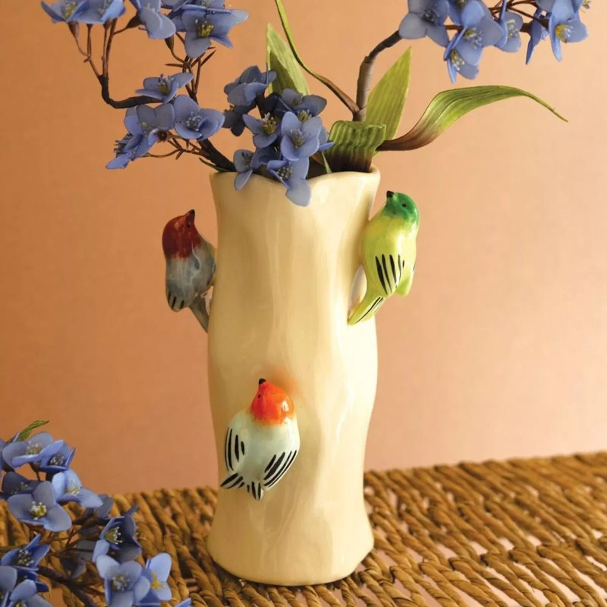 Ceramic Log Vase with Colorful Birds