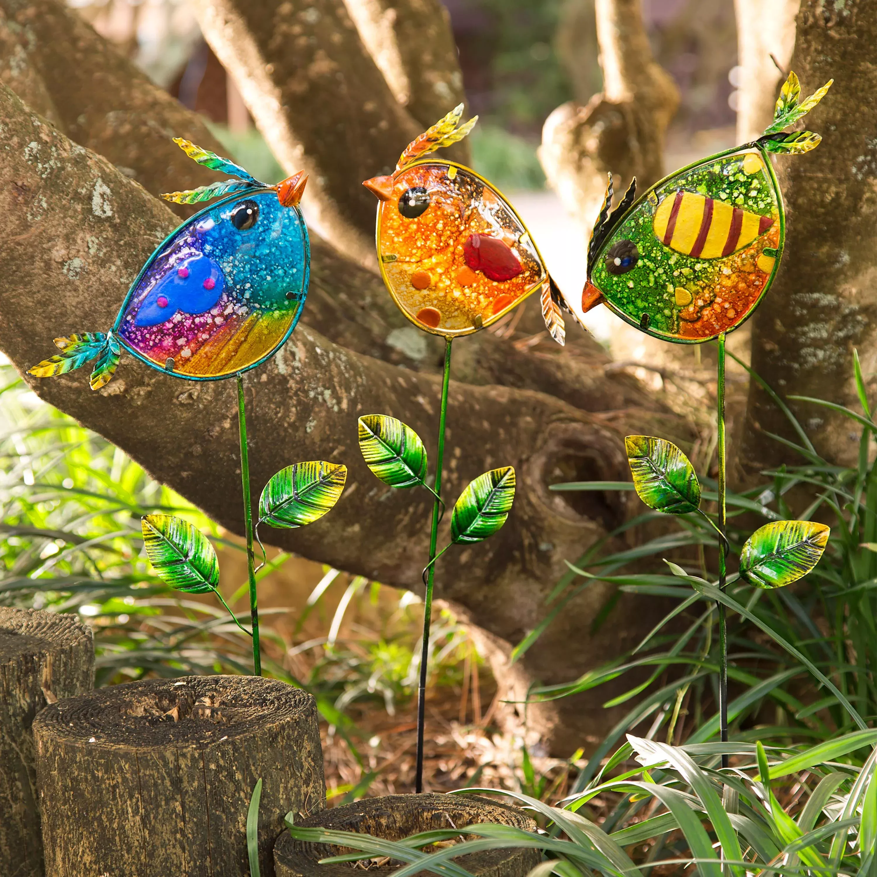 Colorful Metal and Glass Bird Garden Stakes, Set of 3