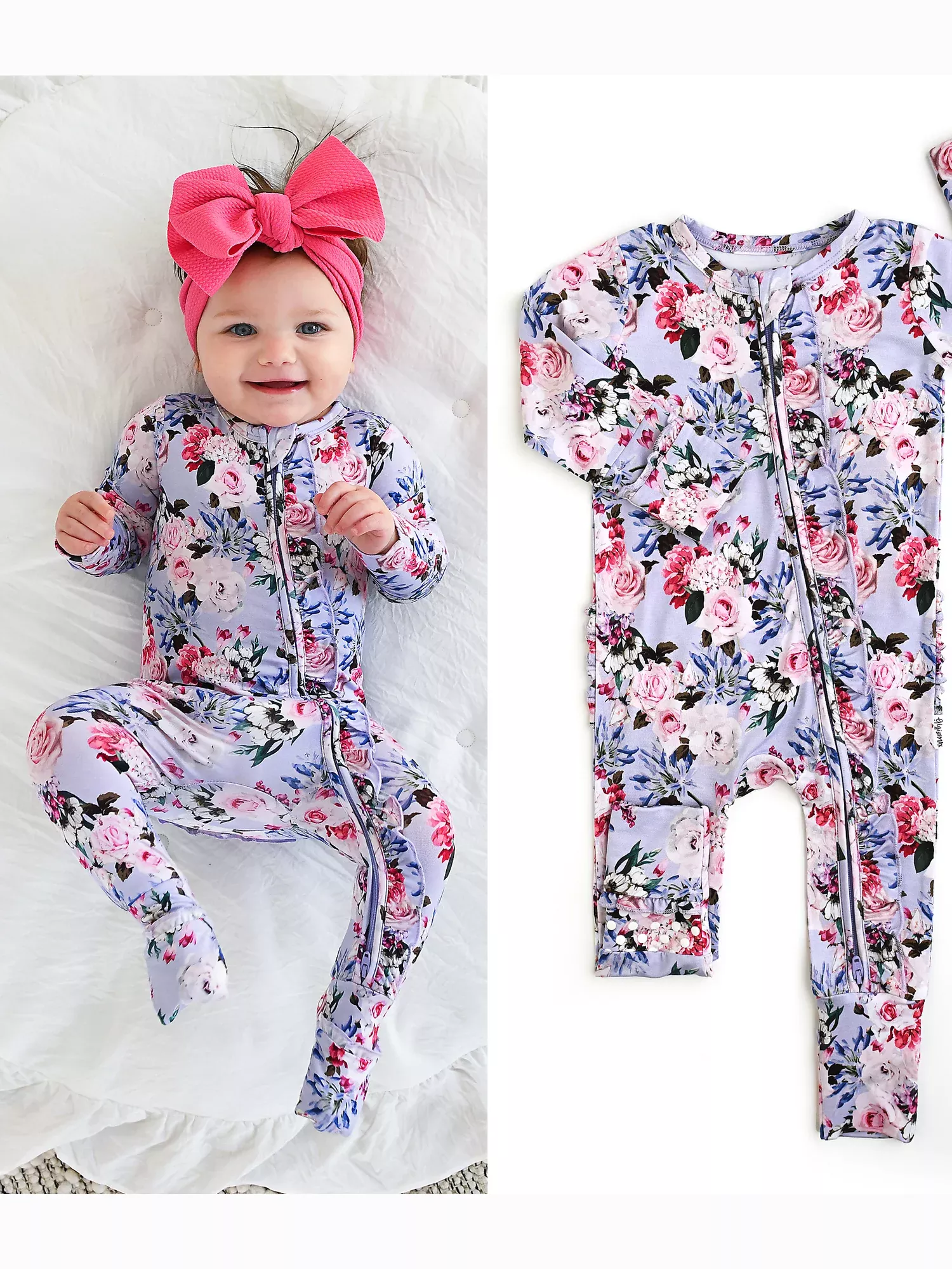Emerson Floral Ruffle Zip Bamboo Baby Sleepies Little