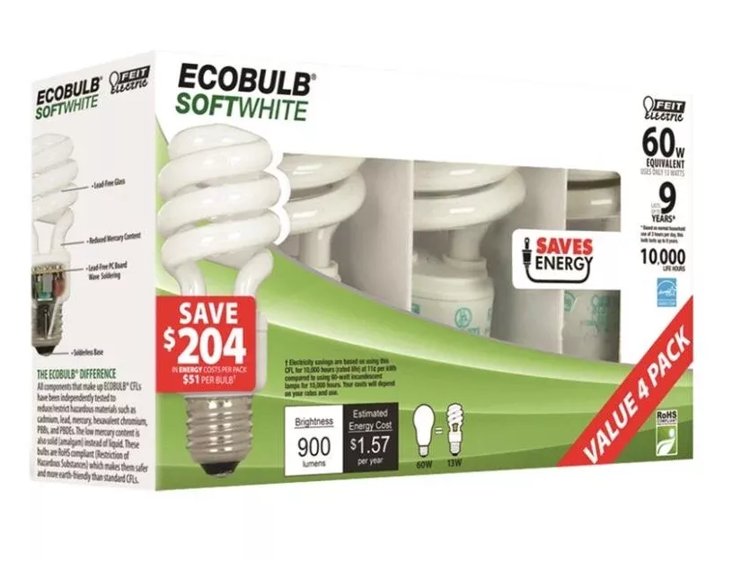 Feit Electric ESL13T/4 Compact Fluorescent Bulbs, 13 Watt, 4/Pack