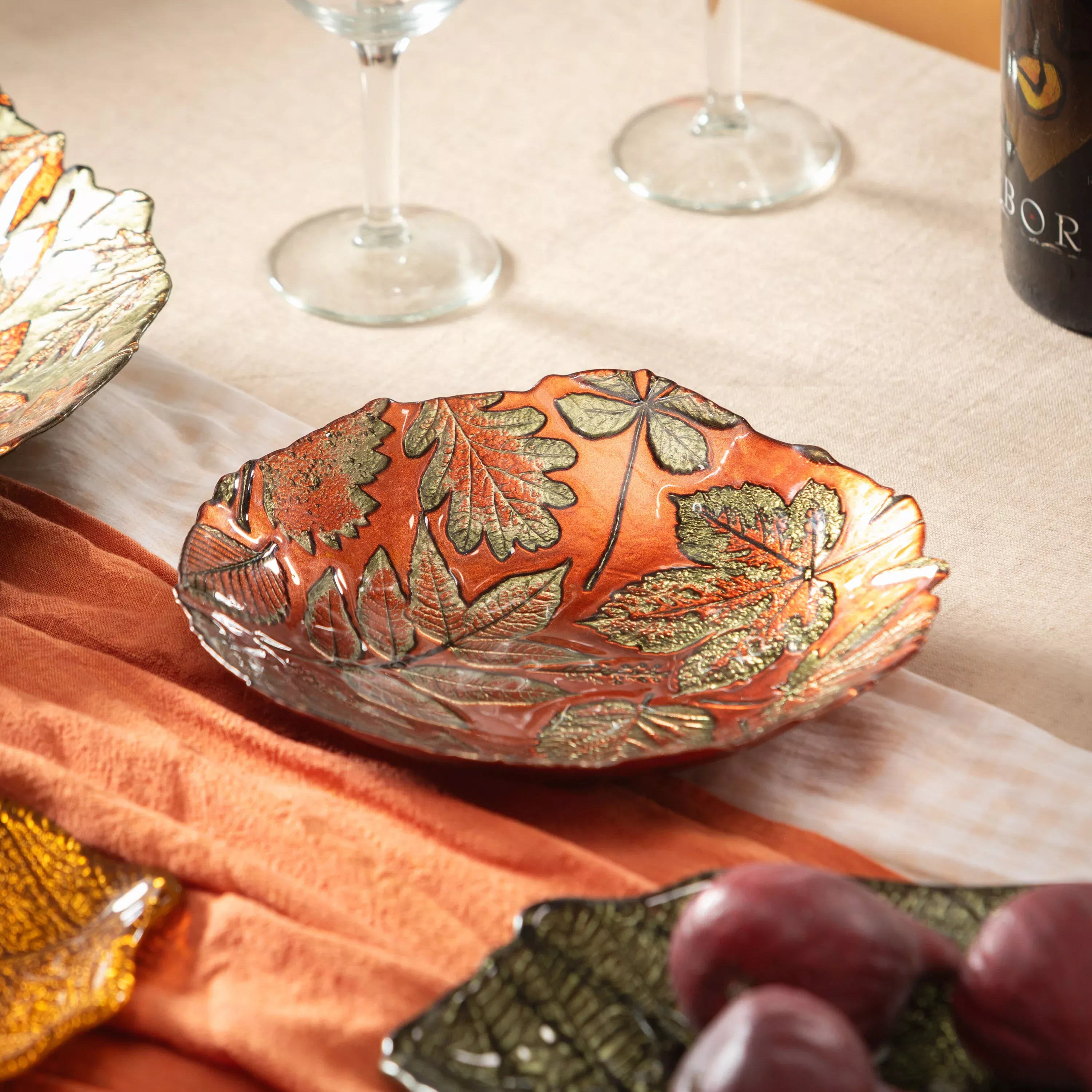 Harvest Blossom Serveware Glass Serving Bowl Leaves, 8.25"
