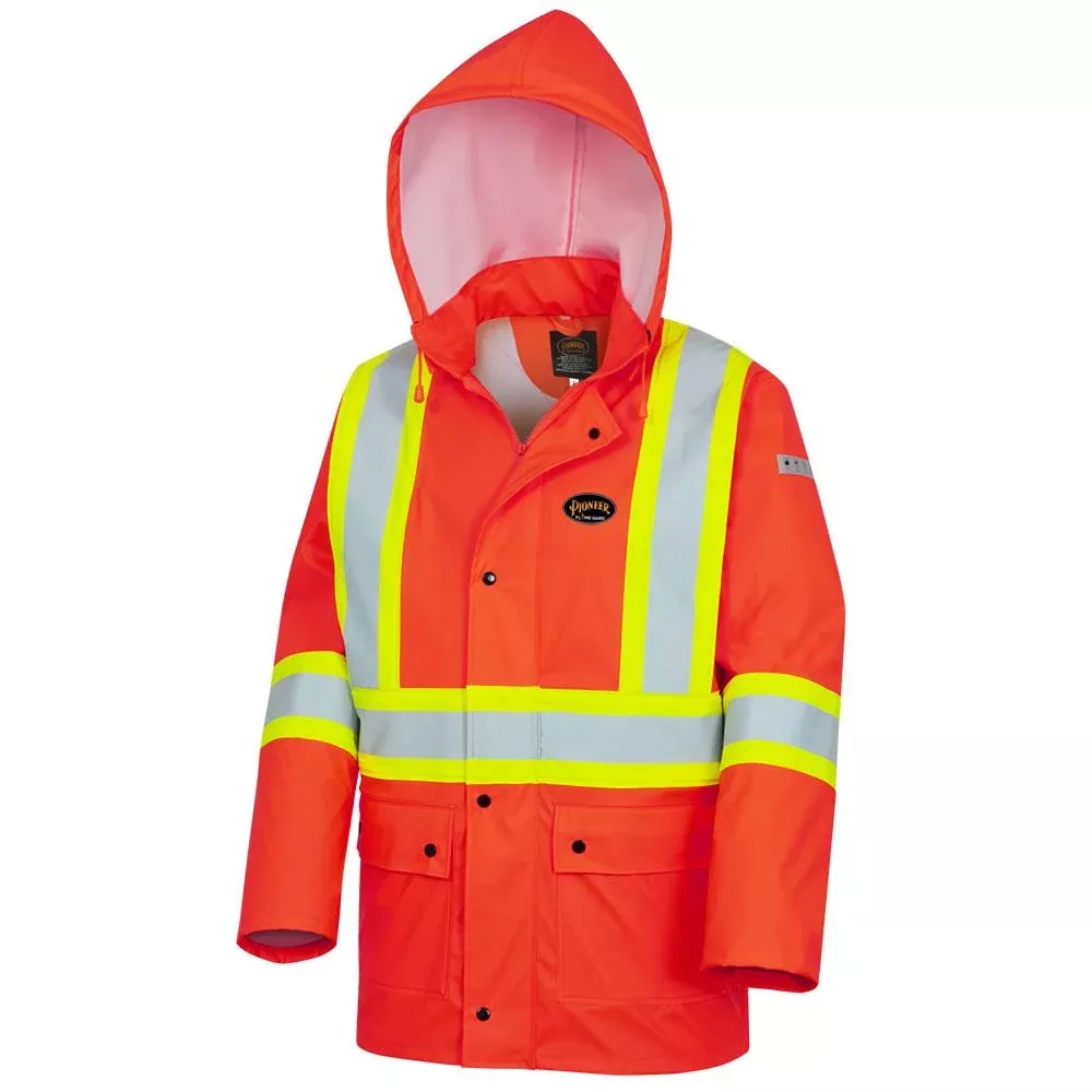 Jacket - Pioneer Hi-Viz Orange Flame Resitant /Polyurethane Waterproof Safety Jacket with Pockets 5892PKT