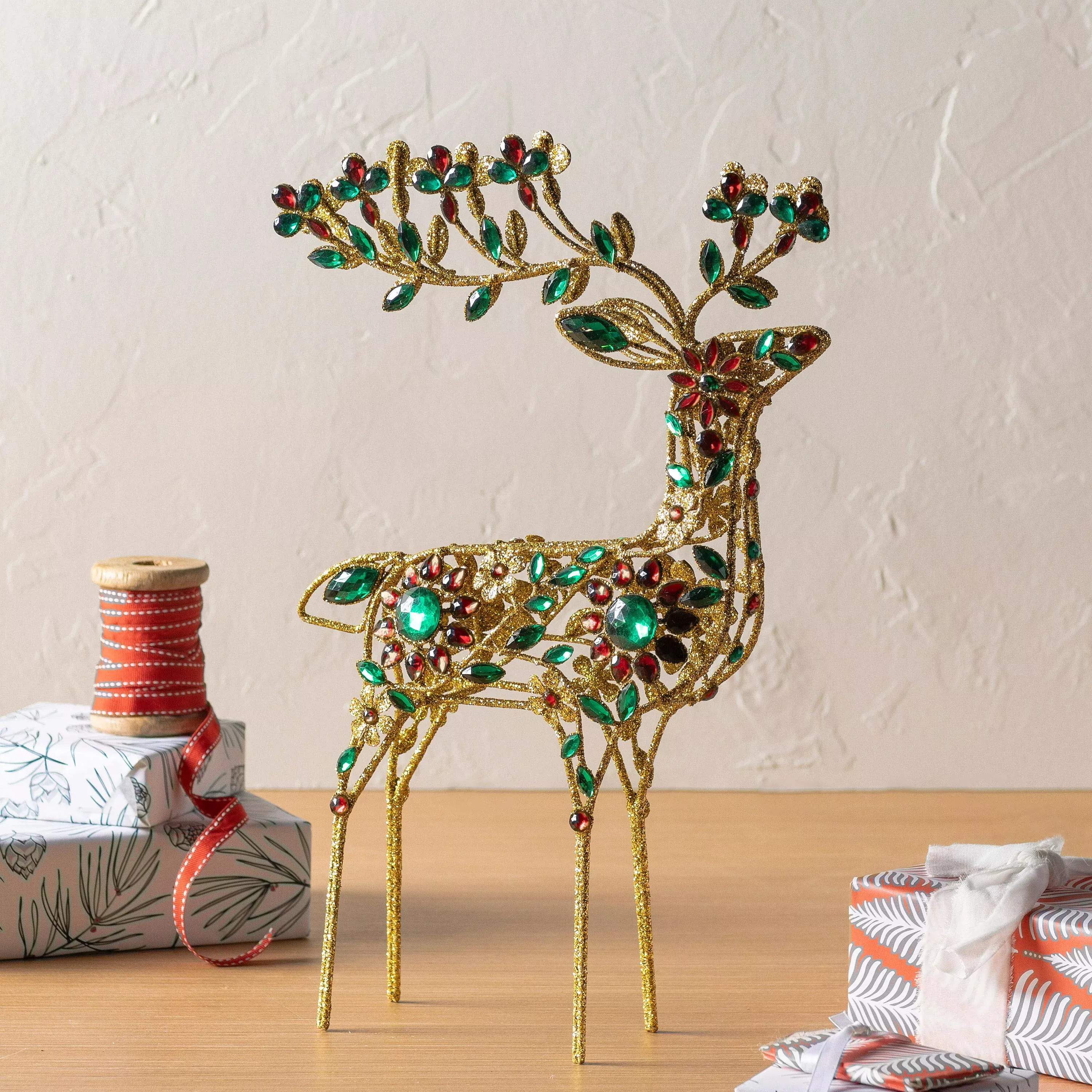 Jeweled Gold 17" Holiday Deer Tabletop Statue