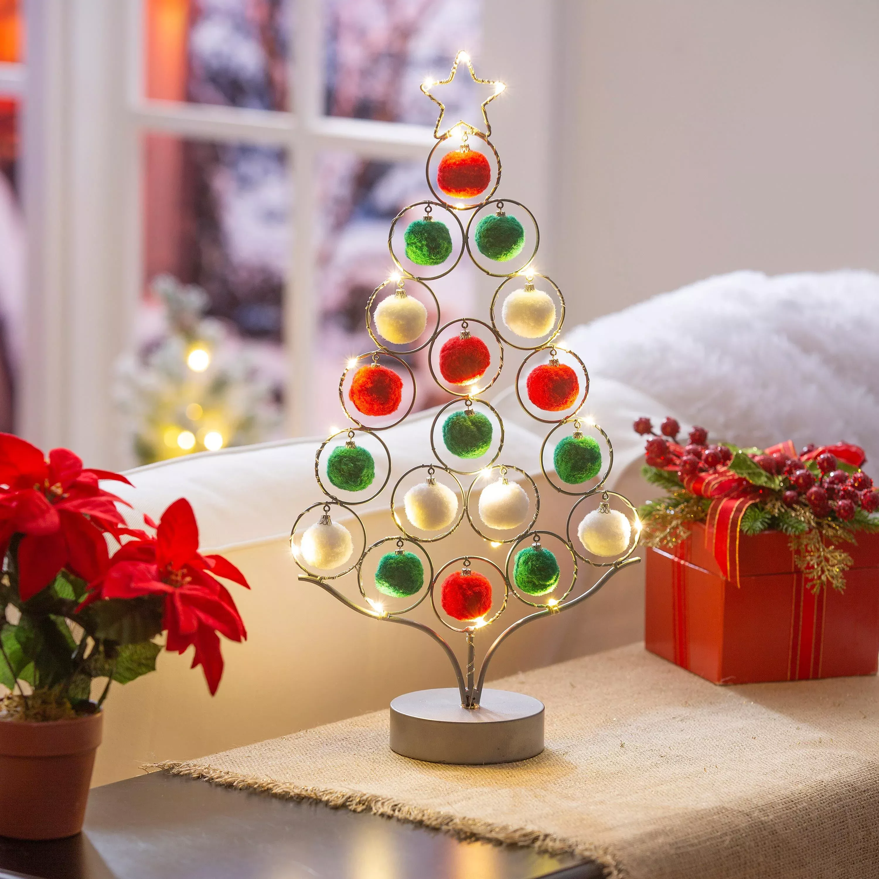 LED Tree with Pom Pom Ornaments Metal Table Décor, 16"