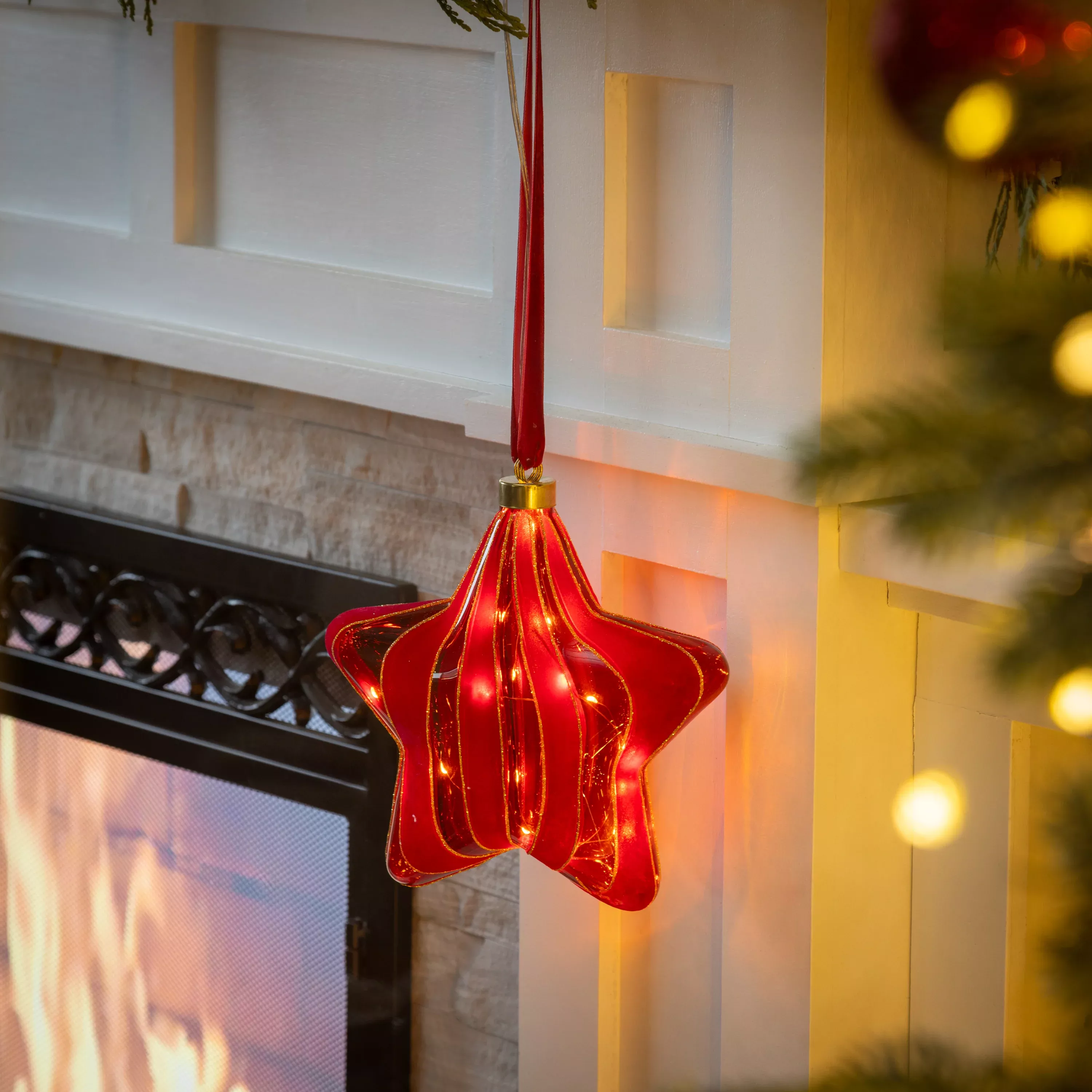 Micro LED Red Star Indoor Outdoor Decorative Hanging Light, Warm White Light