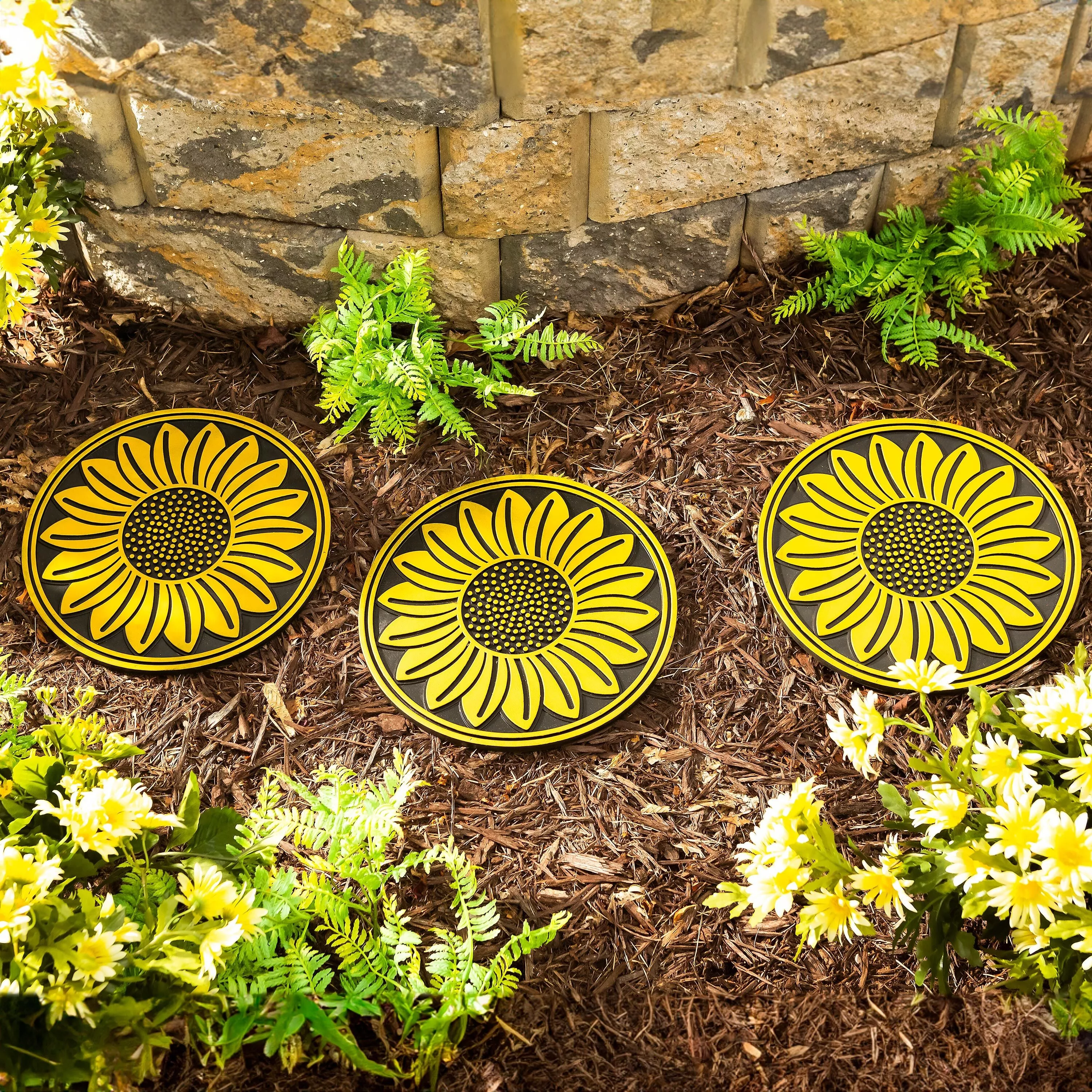Recycled Rubber Sunflower Stepping Stones, Set of 3