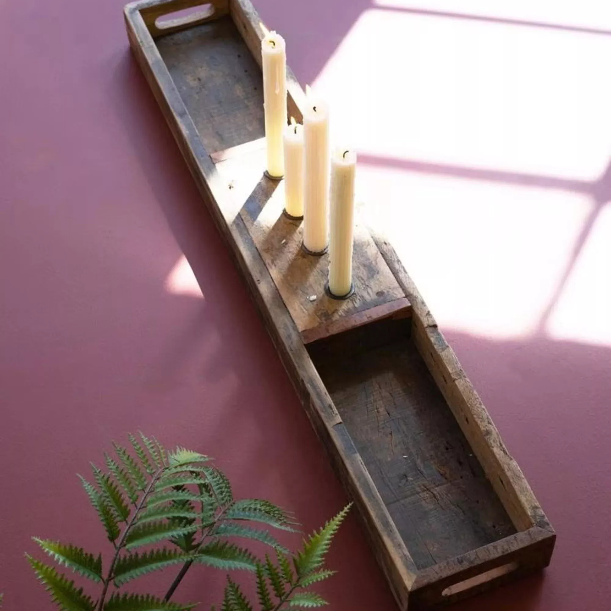 Recycled wooden tray with four candle holders