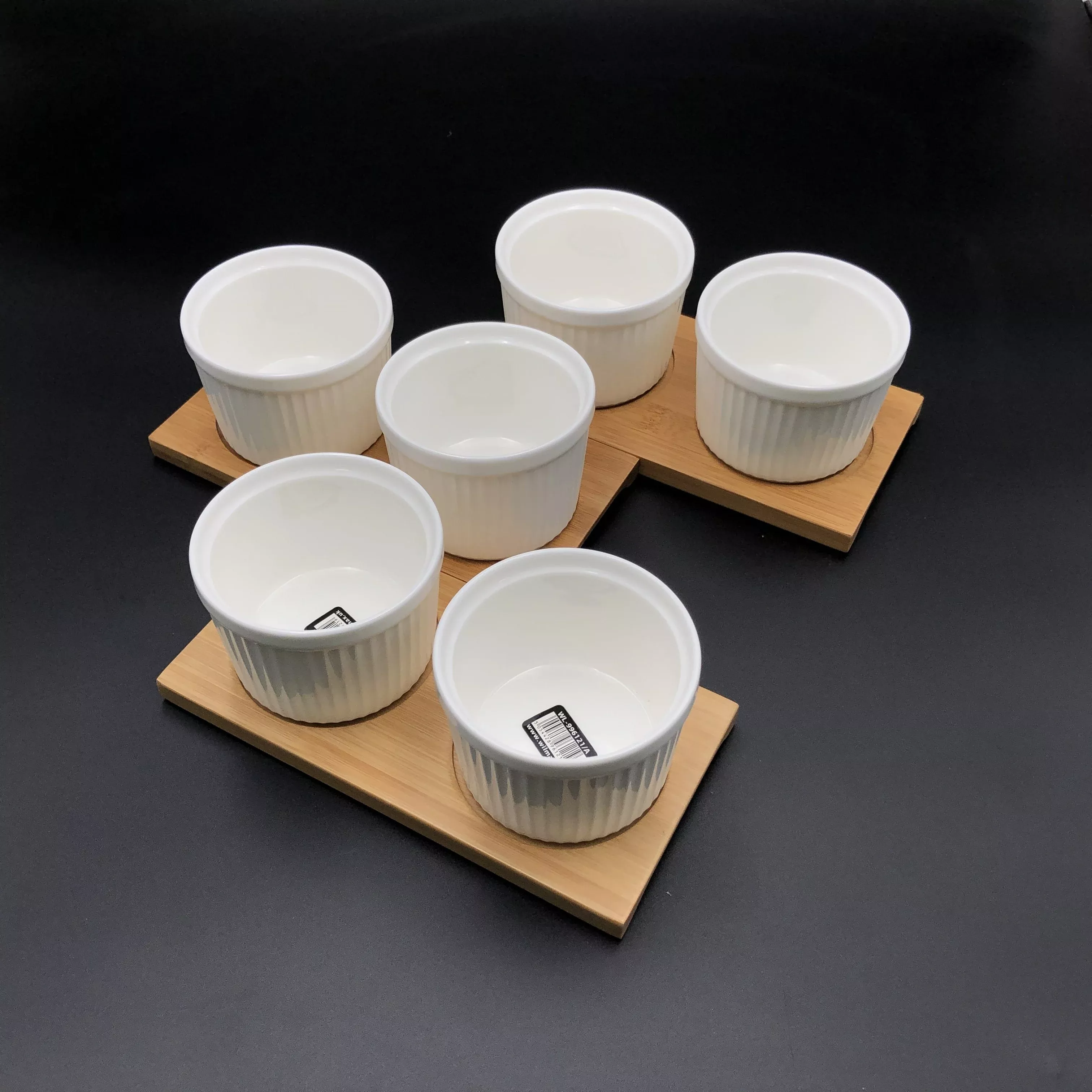 A Set Of 3 Bamboo Double Trays With 6 Fine Porcealin Ramekins To Match