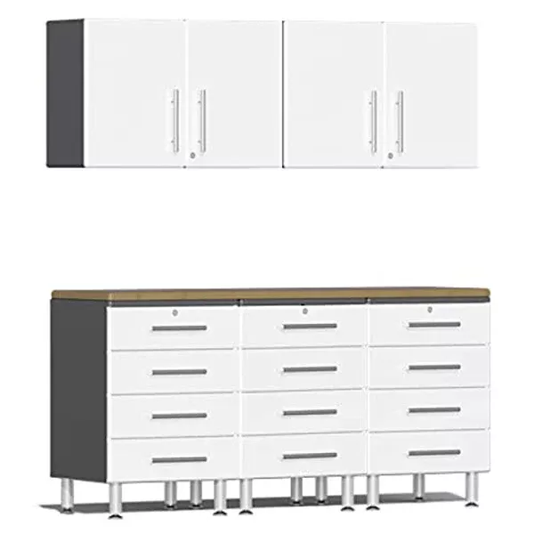 Ulti-MATE Garage 2.0 Series White Metallic 6-Piece Kit w/Bamboo Worktop