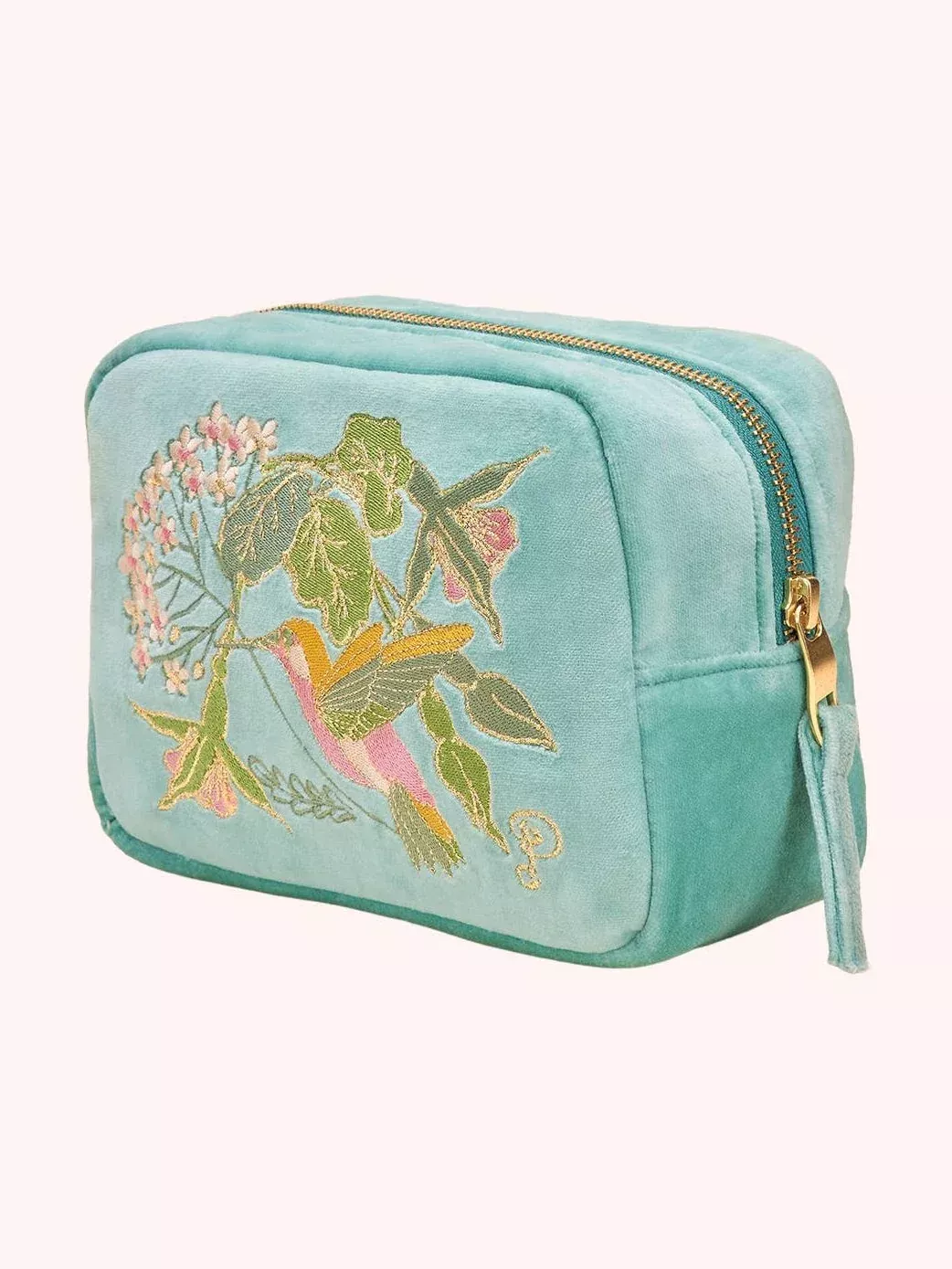 Velvet Embroidered Make Up Bag - Hummingbird, Aqua